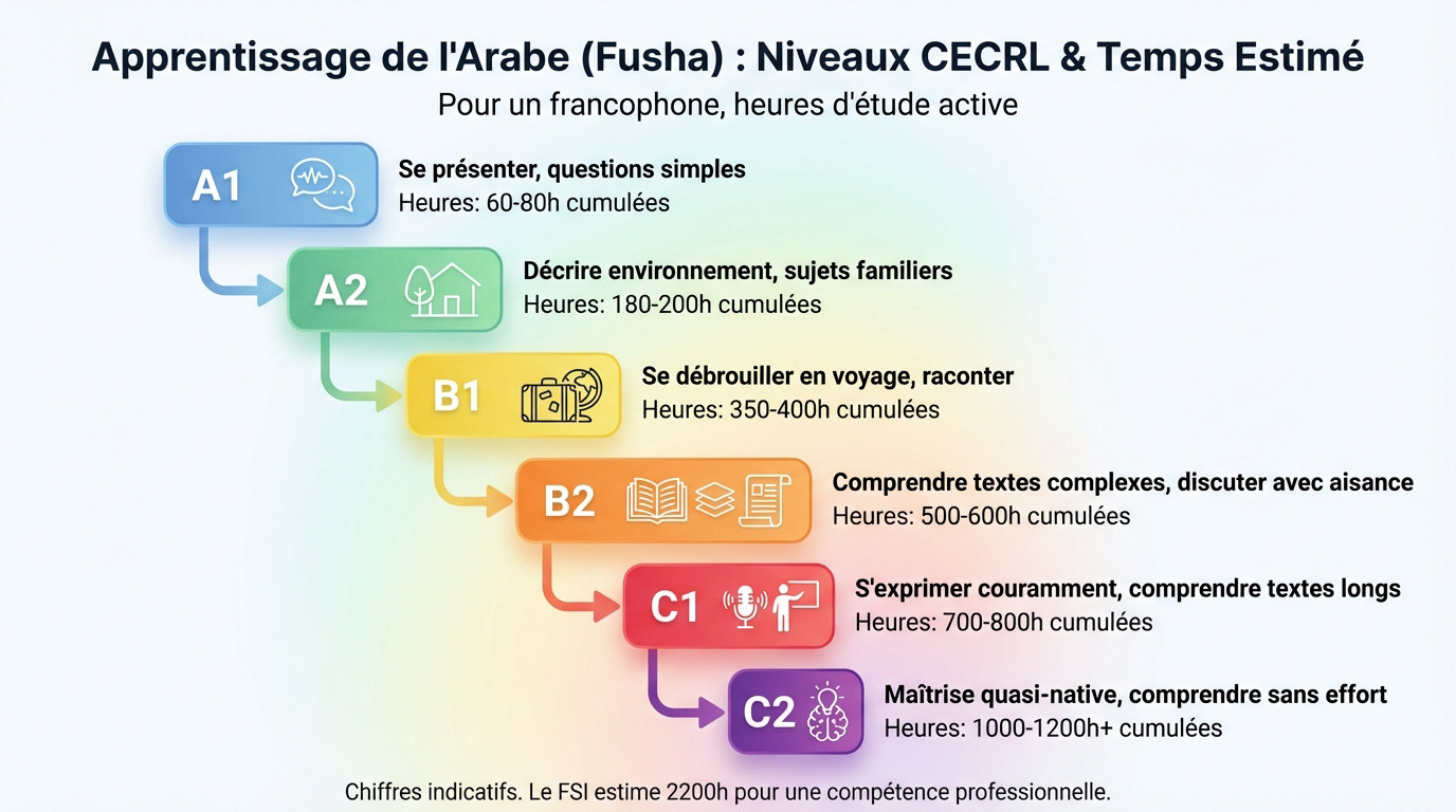 Tableau estimatif du temps d'apprentissage de l'arabe littéral selon les niveaux CECRL