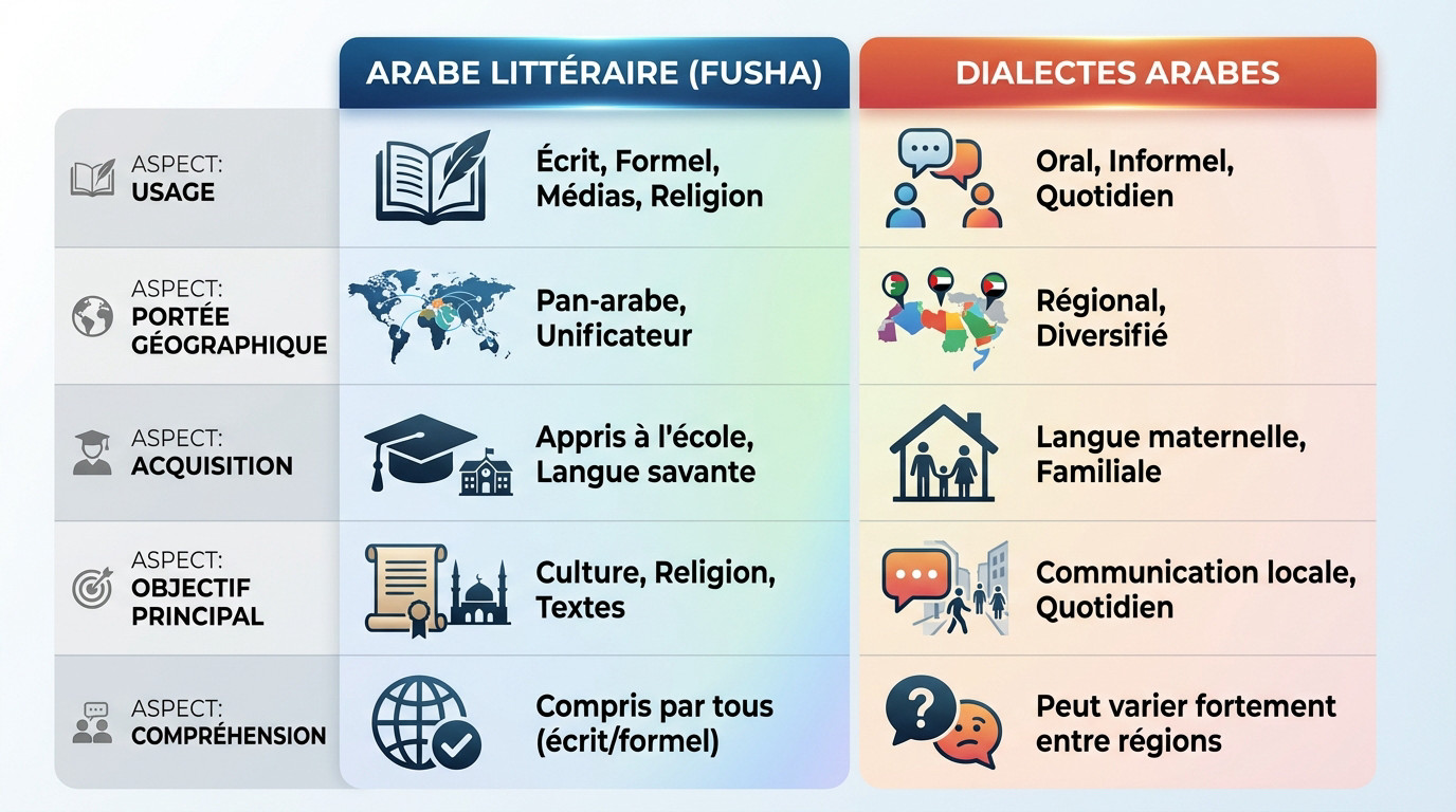Comparaison visuelle entre l'arabe littéraire Fusha et les dialectes régionaux comme le darija