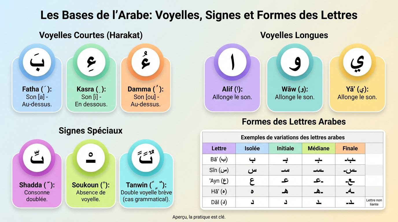Illustration des voyelles courtes, longues et des signes diacritiques comme la Shadda et le Soukoun en arabe