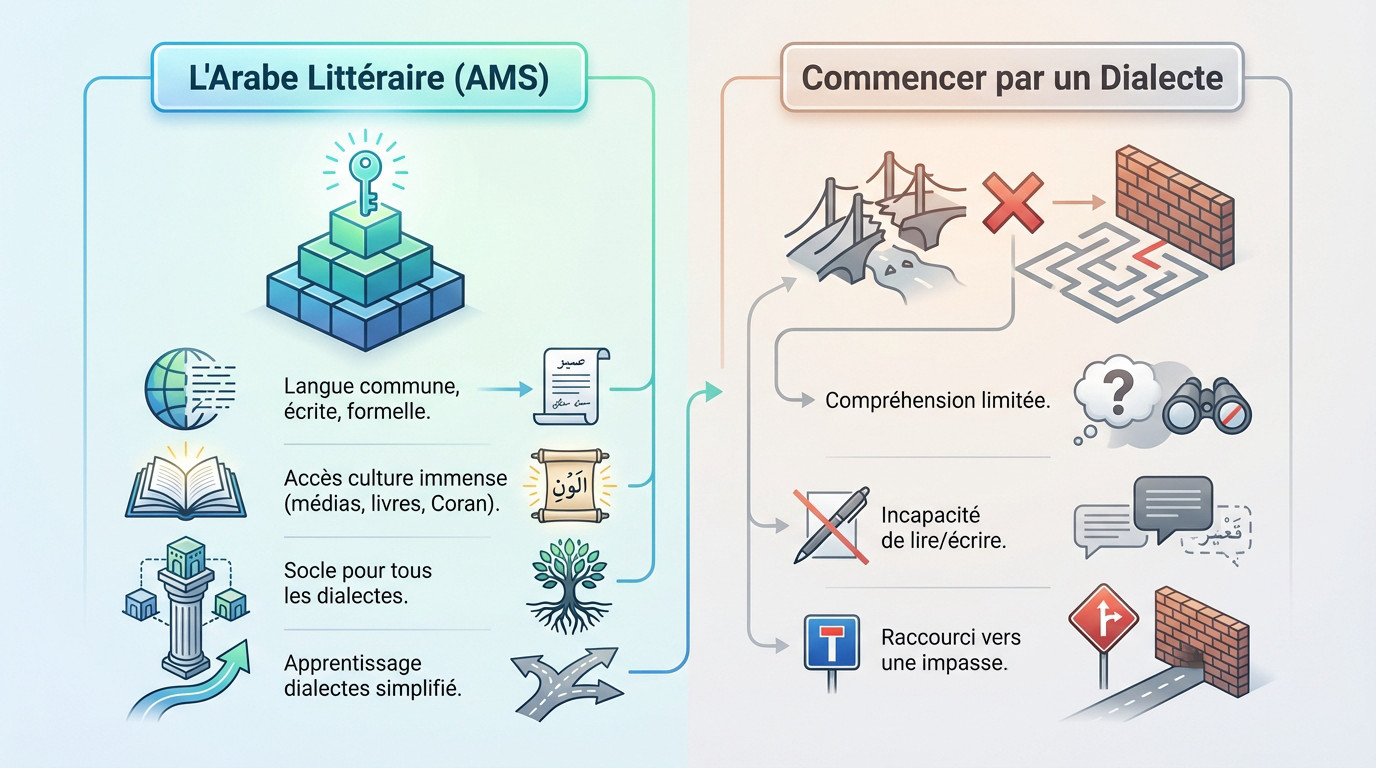 Illustration montrant le cheminement pour apprendre à parler arabe, de l'alphabet à la maîtrise
