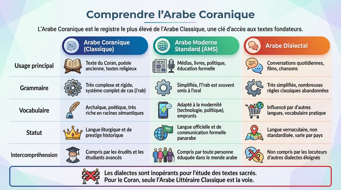 Livre ouvert avec calligraphie arabe ancienne et lunettes, symbolisant l'étude rigoureuse de l'arabe coranique