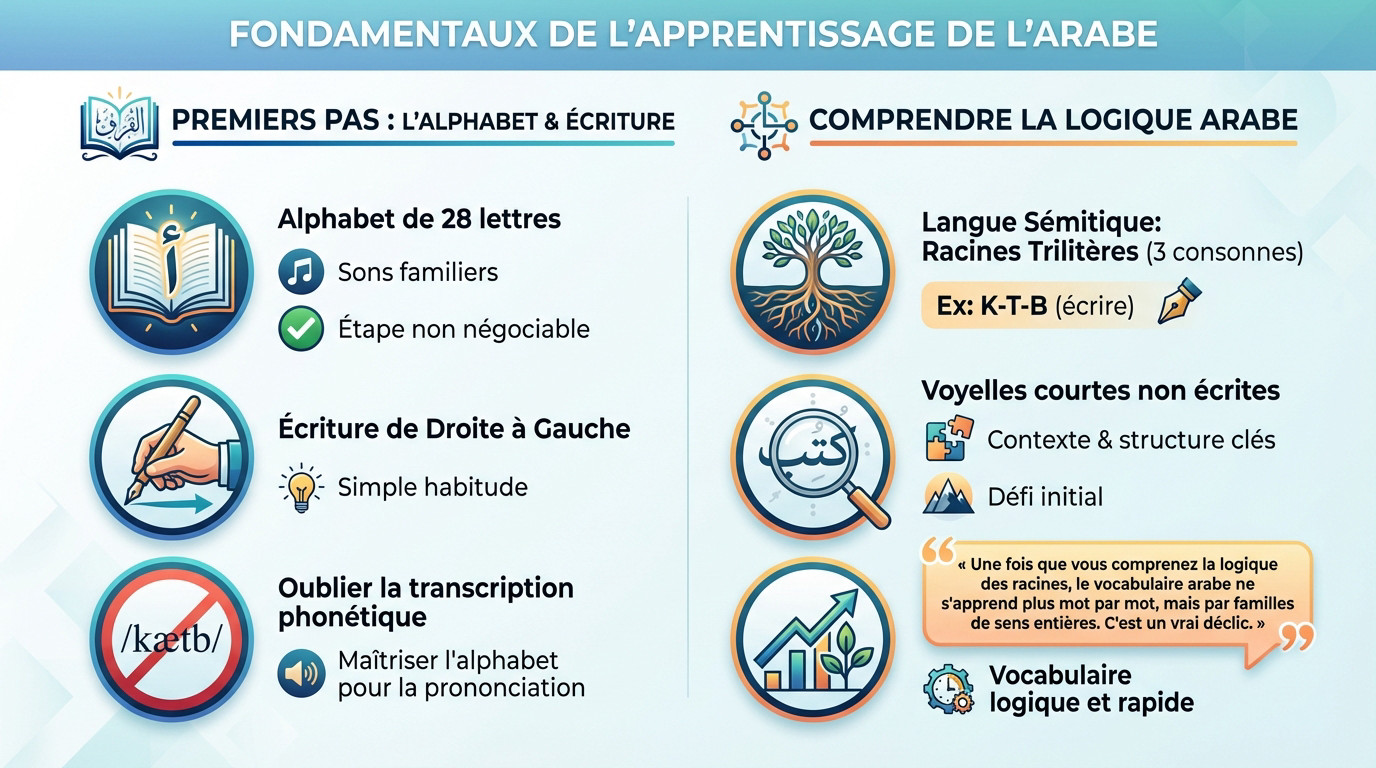 Illustration des fondamentaux de l'apprentissage de la langue arabe, montrant l'alphabet et la calligraphie