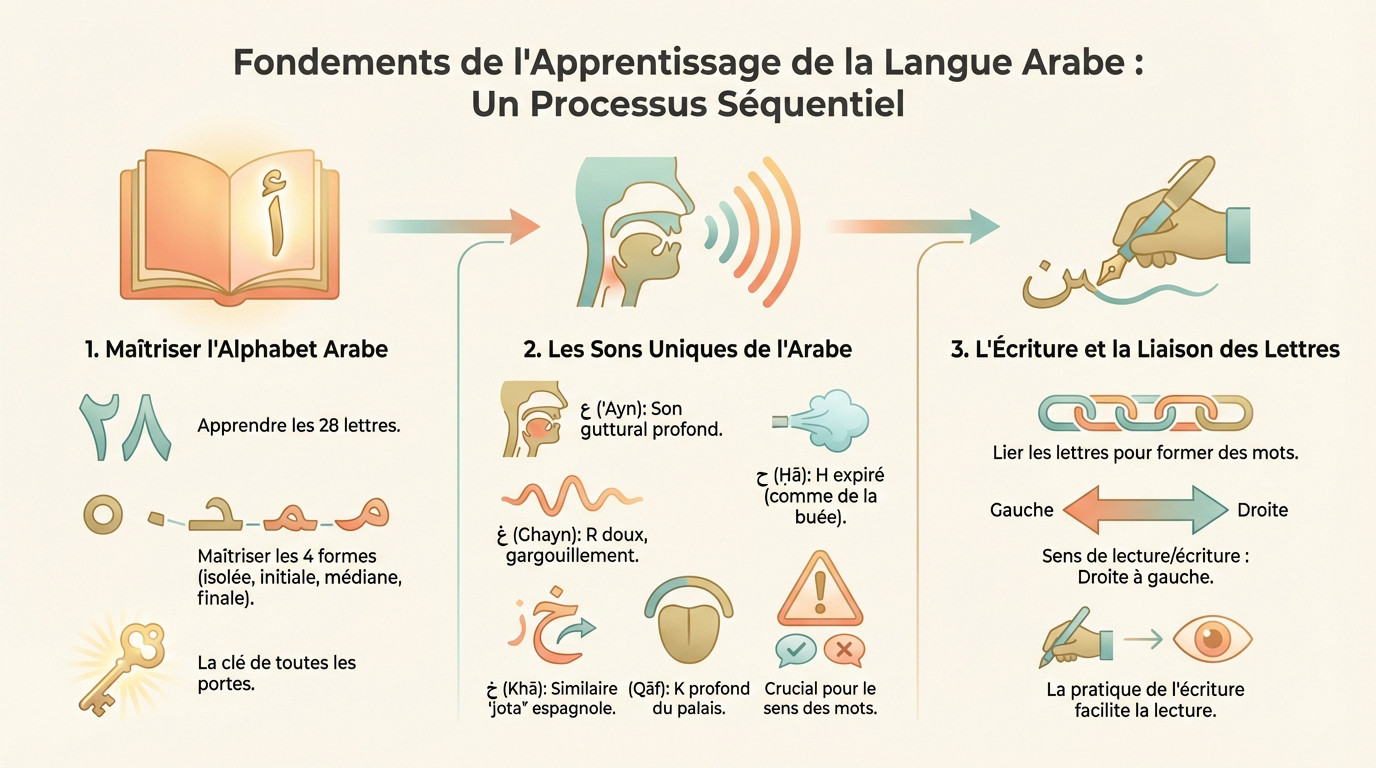 Schéma illustrant le processus séquentiel pour apprendre les bases de la langue arabe : alphabet, écriture et lecture