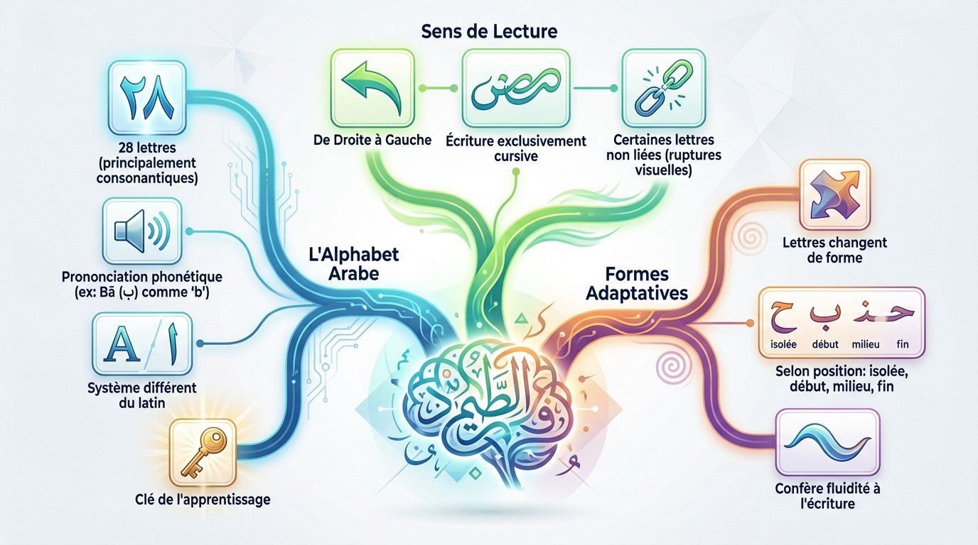 Infographie détaillant les fondations de l'écriture arabe et son alphabet