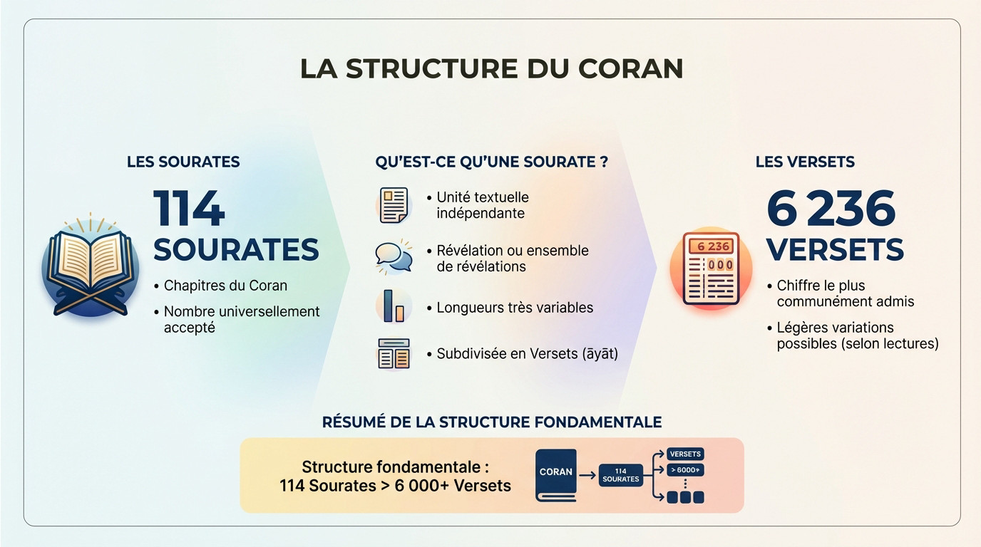 Infographie illustrant la structure fondamentale du Coran avec ses 114 sourates et versets