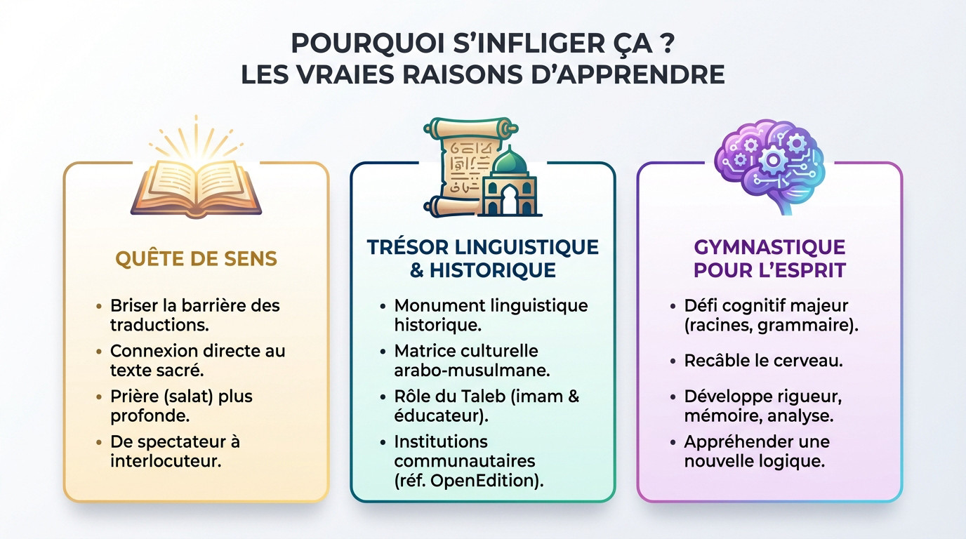 Infographie illustrant les bénéfices spirituels, culturels et intellectuels de l'apprentissage de l'arabe coranique