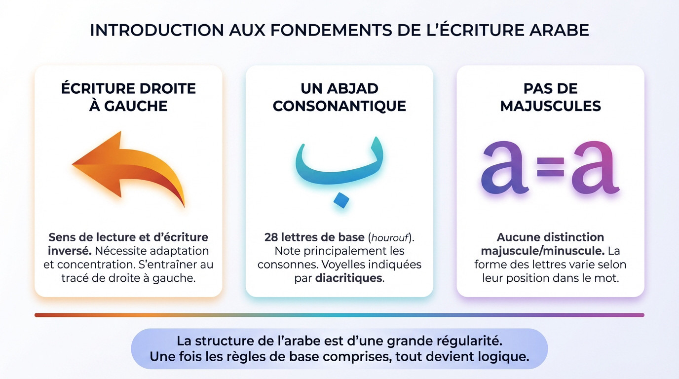 Schéma explicatif des bases de l'écriture arabe et du sens de lecture