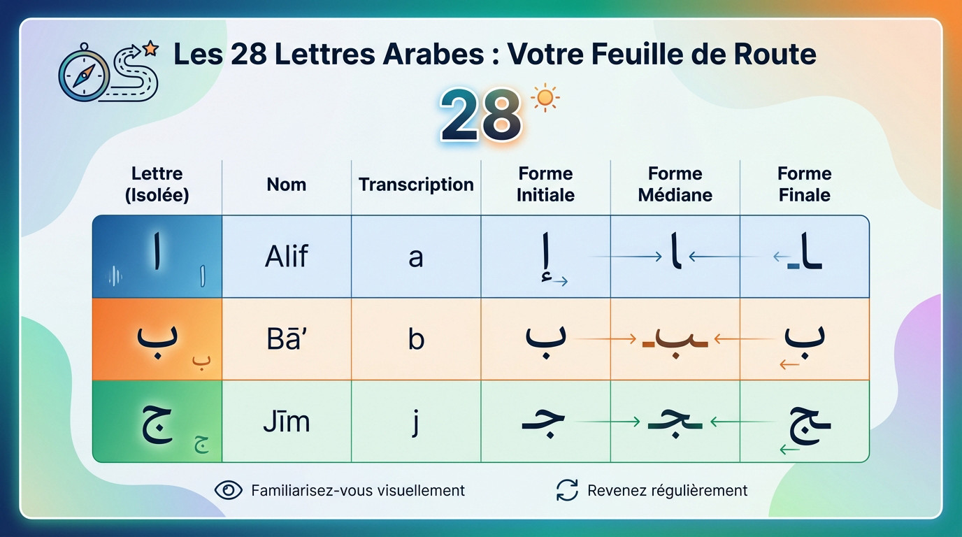 Tableau récapitulatif des 28 lettres pour apprendre l'alphabet arabe
