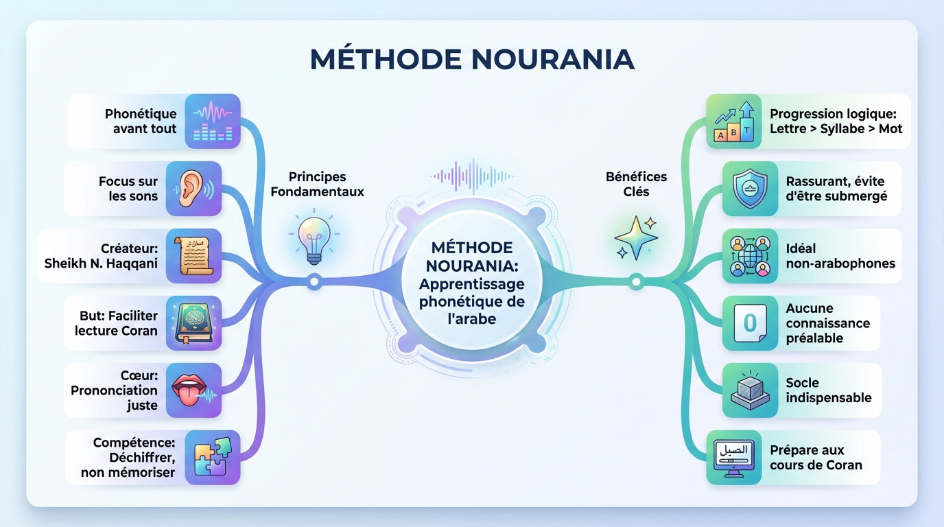 livre ouvert illustrant l'apprentissage phonétique de la méthode nourania pour la lecture arabe