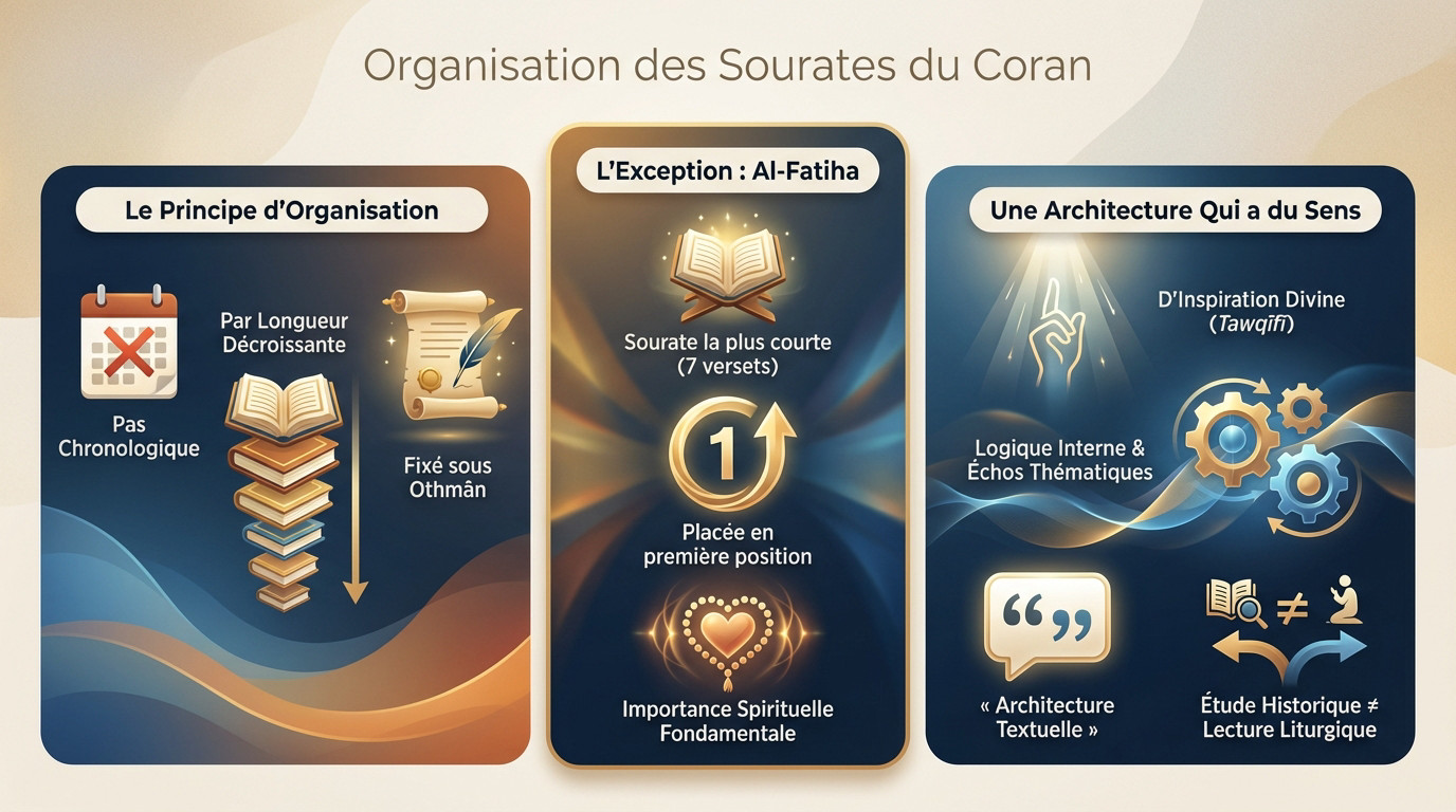 Schéma illustrant la structure et le nombre de sourates dans le Coran