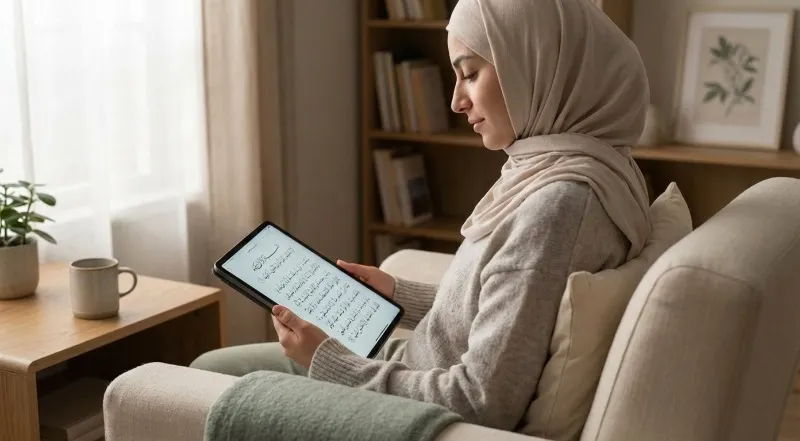 femme en hijab entrain de lire le coran sur une tablette