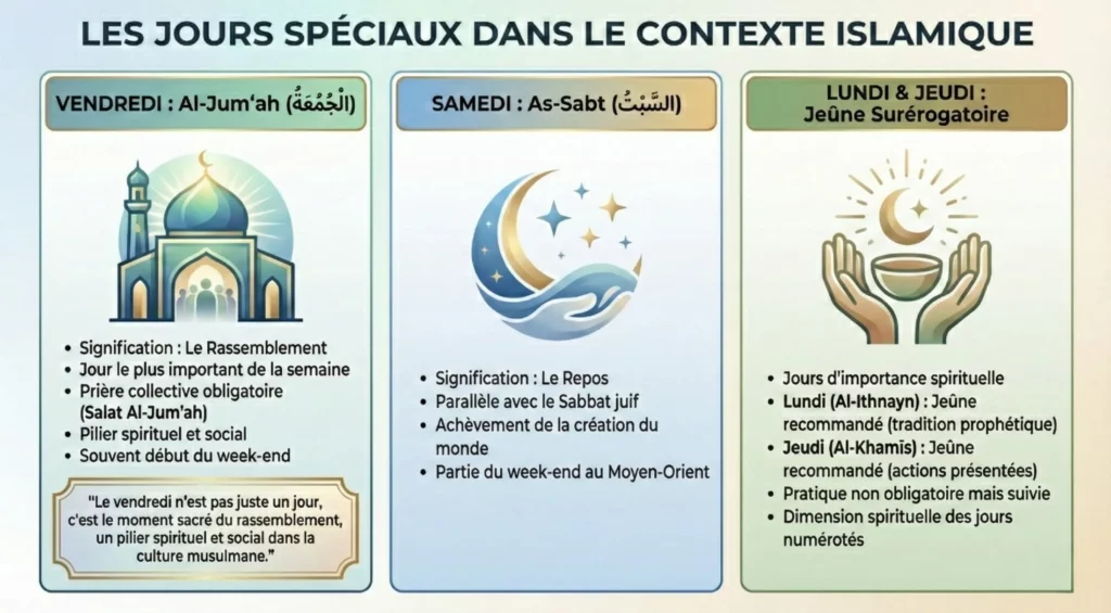 Calendrier et symboles des jours sacrés de la semaine arabe, vendredi et samedi