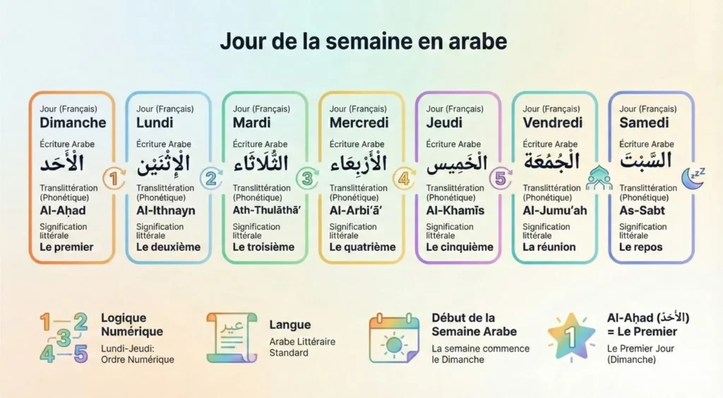 Infographie explicative des jours de la semaine en arabe et leur signification littérale