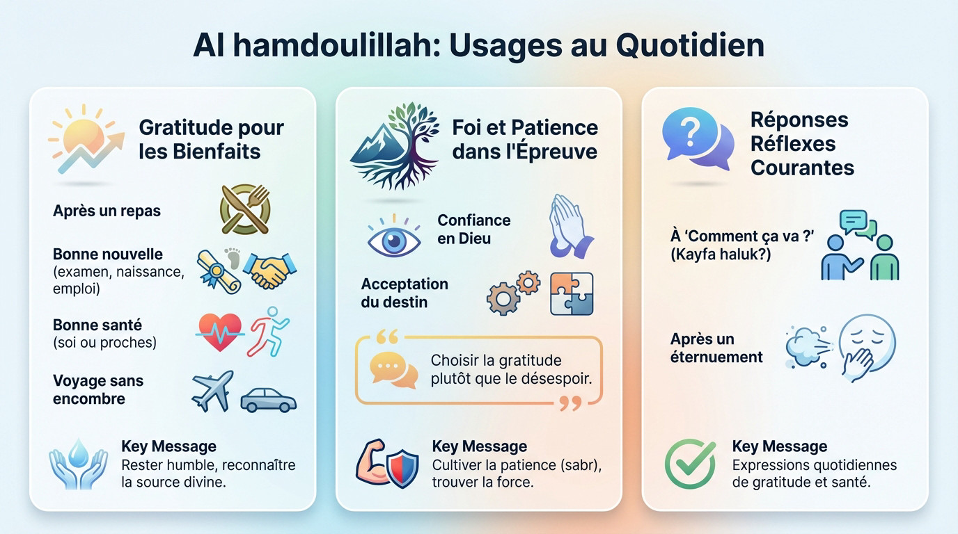 Illustration des différents usages de l'expression Al Hamdoulillah au quotidien
