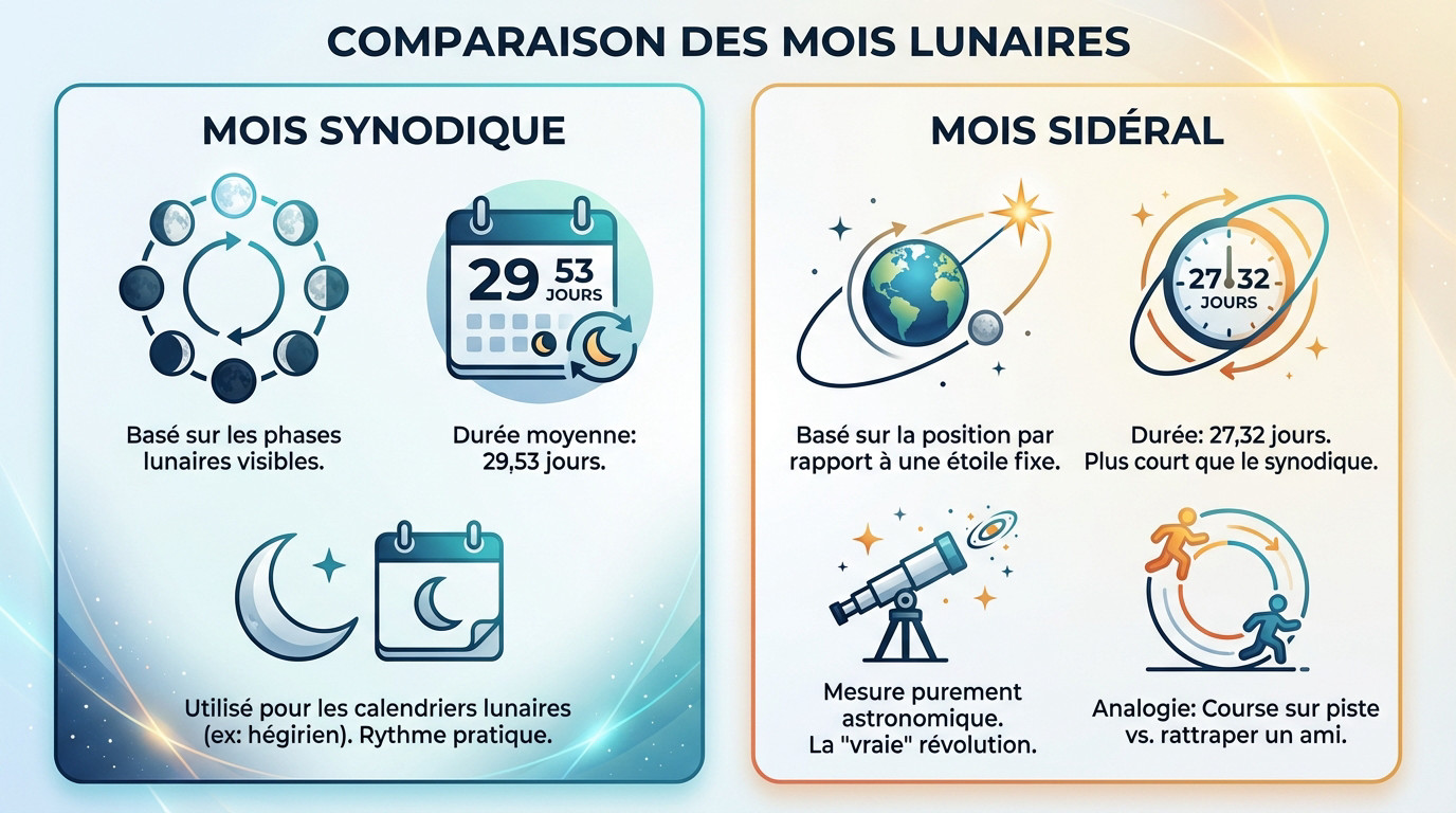 Schéma comparatif illustrant la différence de durée entre le mois lunaire synodique et le mois sidéral