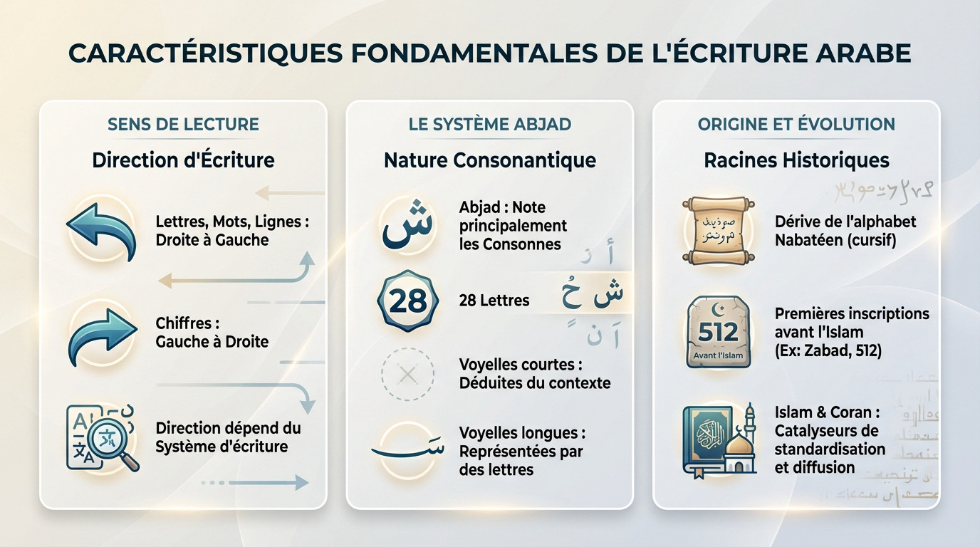 Infographie détaillant le fonctionnement de l'abjad arabe et son sens de lecture