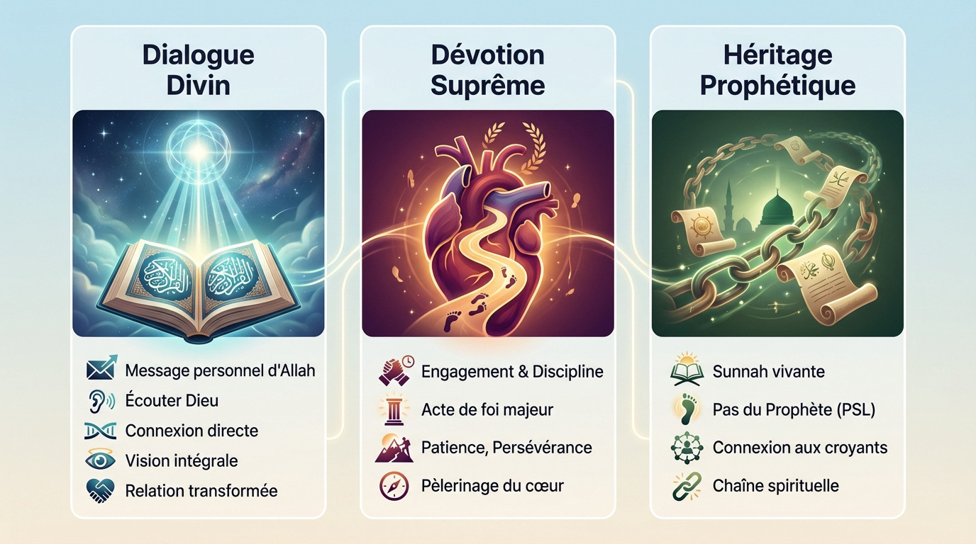 Illustration symbolisant la fin de la lecture du Coran, le Khatm, comme un moment de connexion spirituelle et d'héritage prophétique.