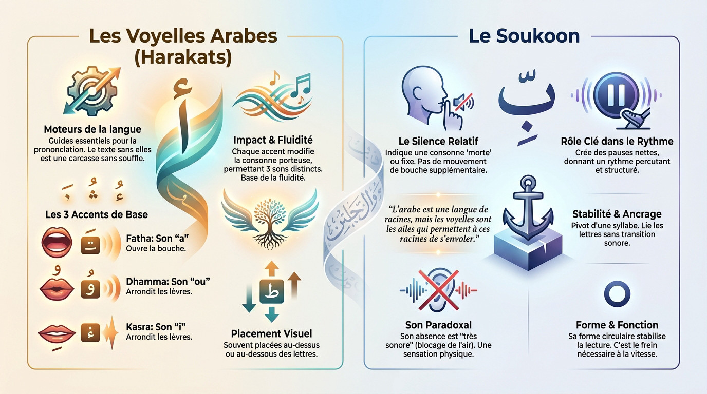 Tableau explicatif des voyelles arabes et du signe soukoon pour débutants