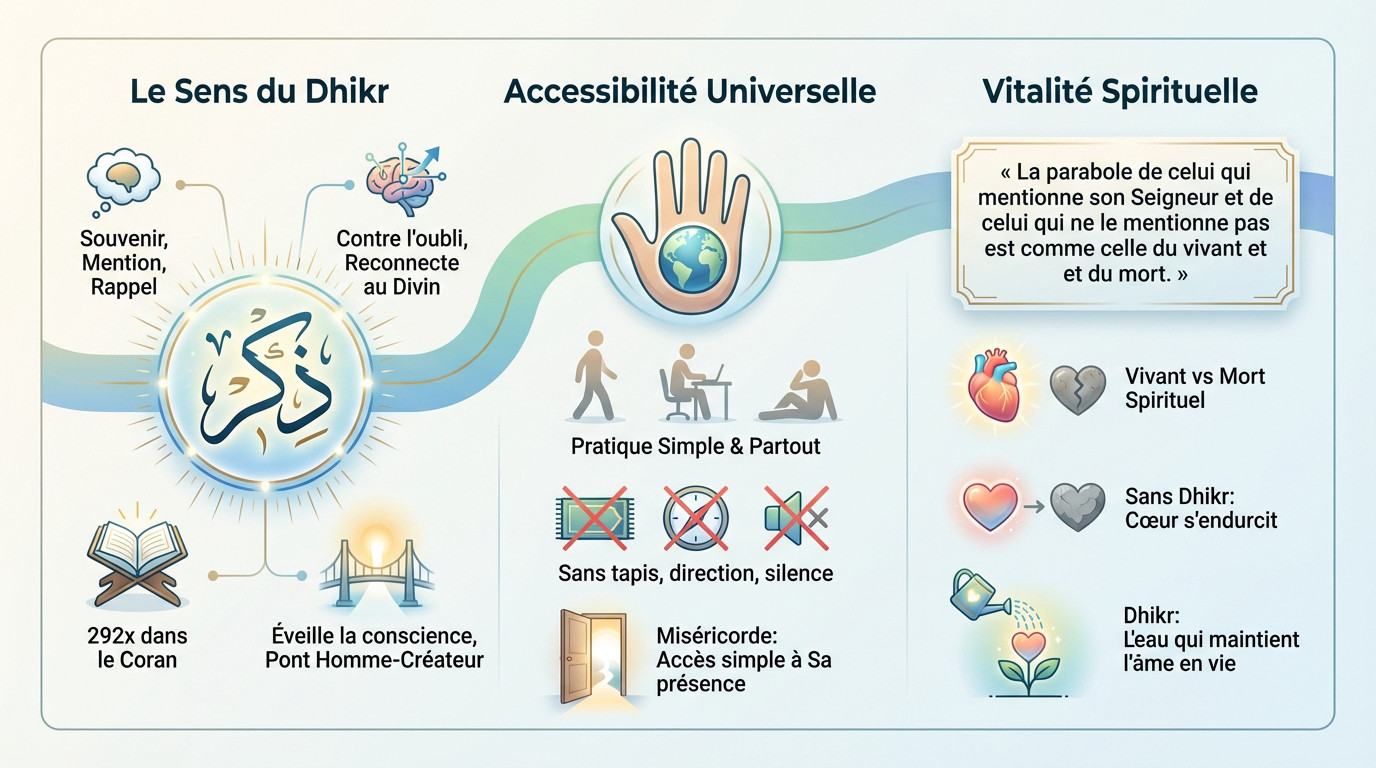Infographie expliquant le sens, l'accessibilité et la vitalité du dhikr en Islam