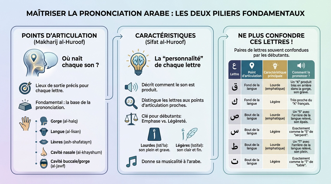 Schéma illustrant les points d'articulation et les caractéristiques des lettres arabes pour le Tajwid