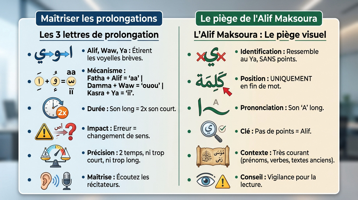 Tableau des prolongations et Alif Maksoura en langue arabe