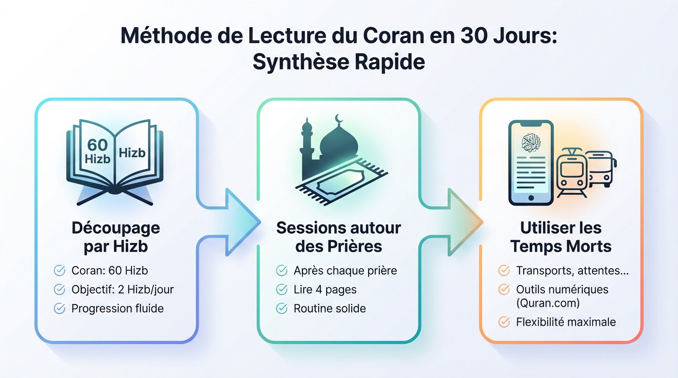 Tableau synthétique pour suivre un programme de lecture du Coran en un mois