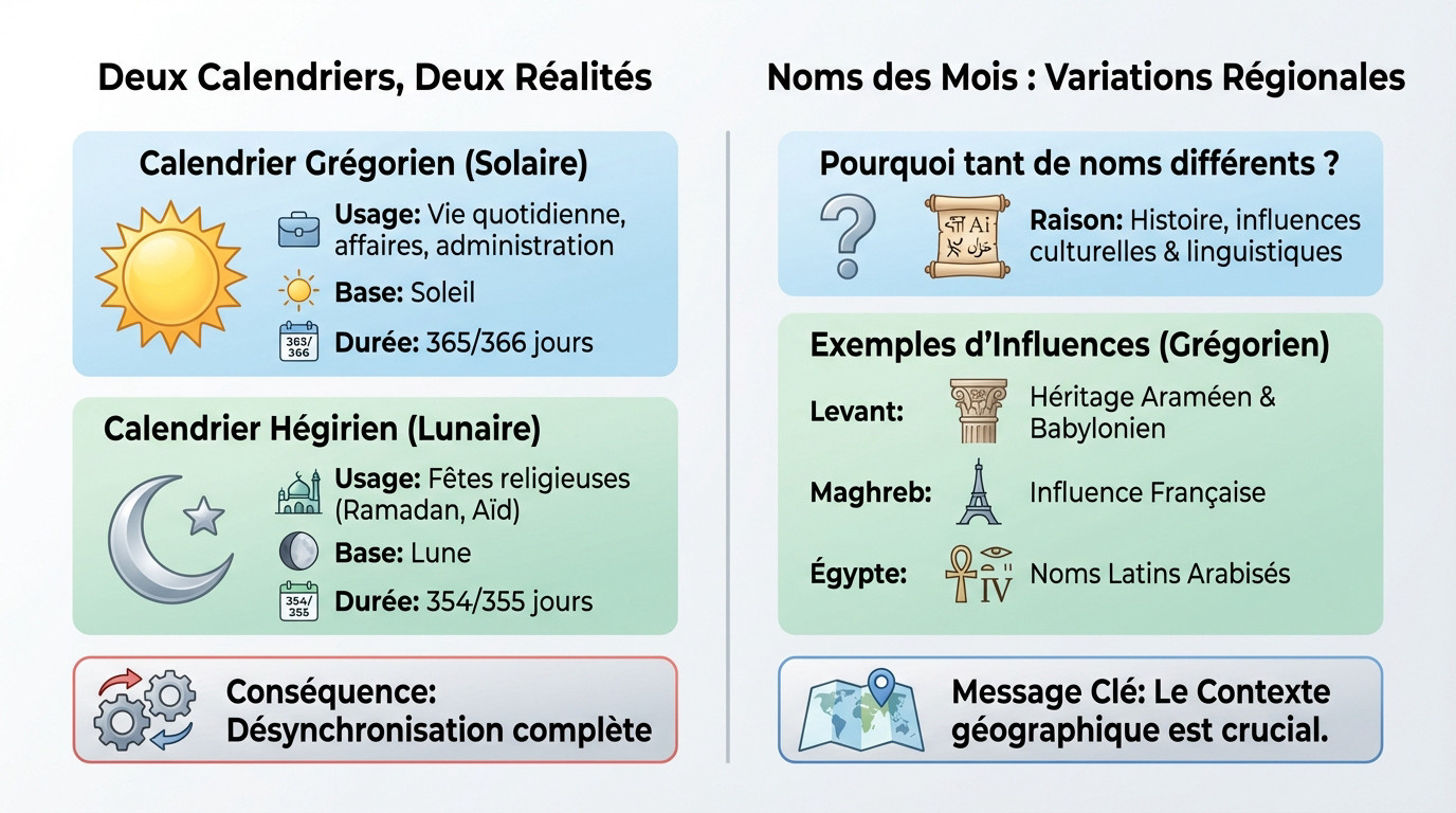 Comparaison des calendriers grégorien et hégirien avec les variations régionales des mois en arabe