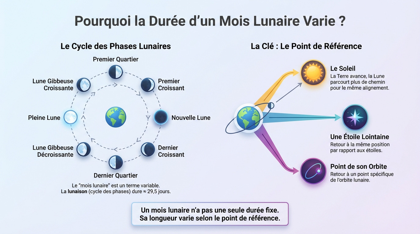 Schéma montrant les différences de calcul du mois lunaire selon le référentiel