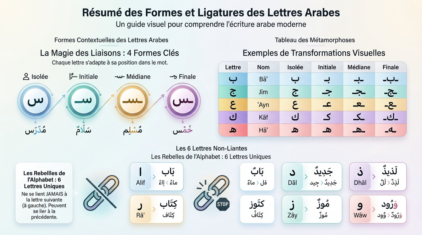 Résumé visuel des formes et ligatures des lettres arabes