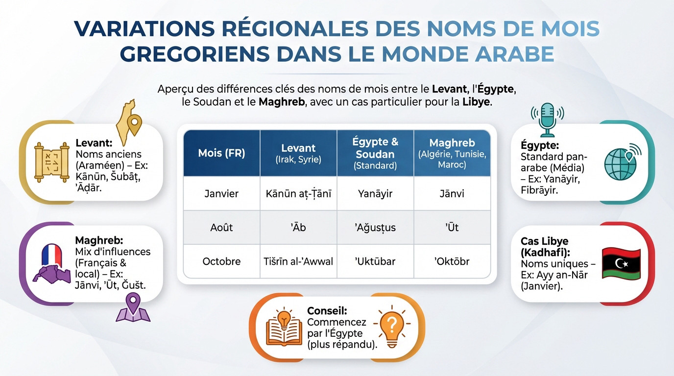 Tableau comparatif des noms de mois grégoriens dans le monde arabe montrant les variations régionales