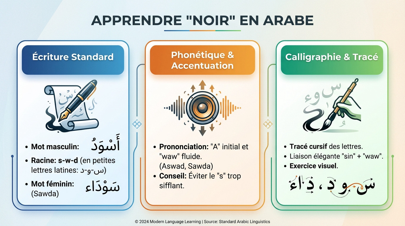 Illustration du mot noir écrit en calligraphie arabe