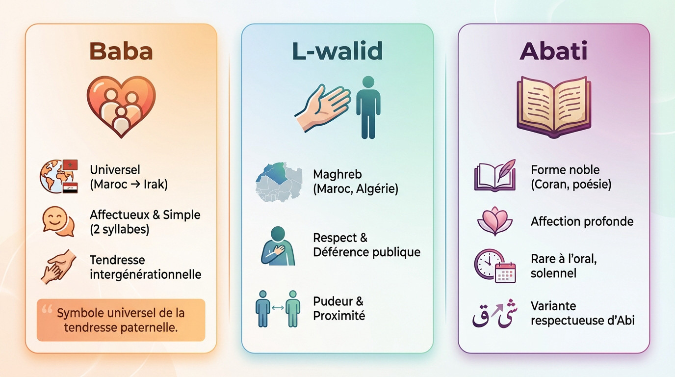 Infographie présentant les différentes manières de dire père en arabe selon le contexte
