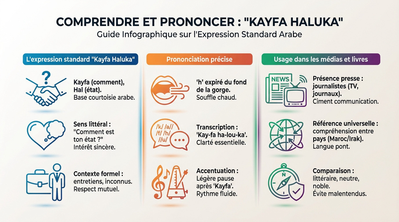 Infographie expliquant la prononciation et la signification de Kayfa Haluka en arabe littéraire