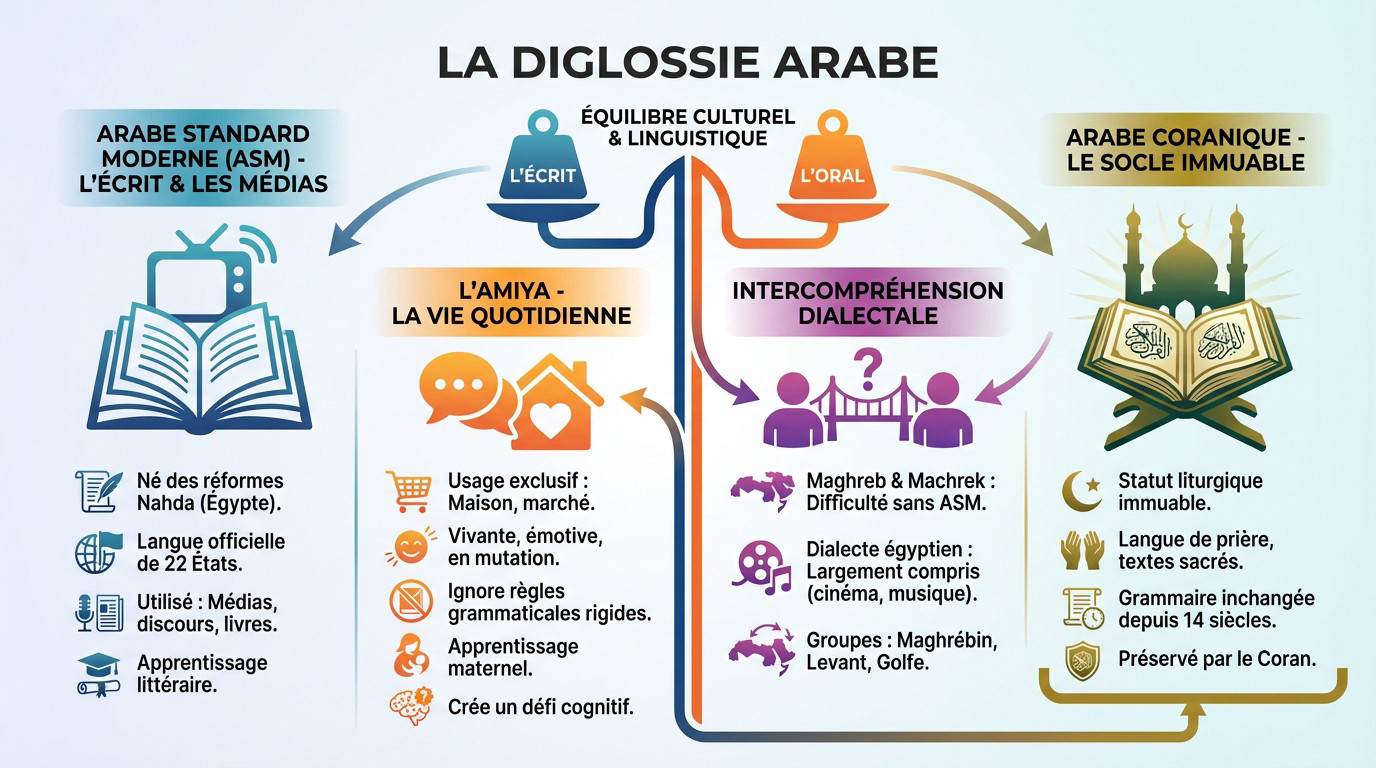 Illustration de la diglossie montrant la différence entre l'arabe littéral et les dialectes