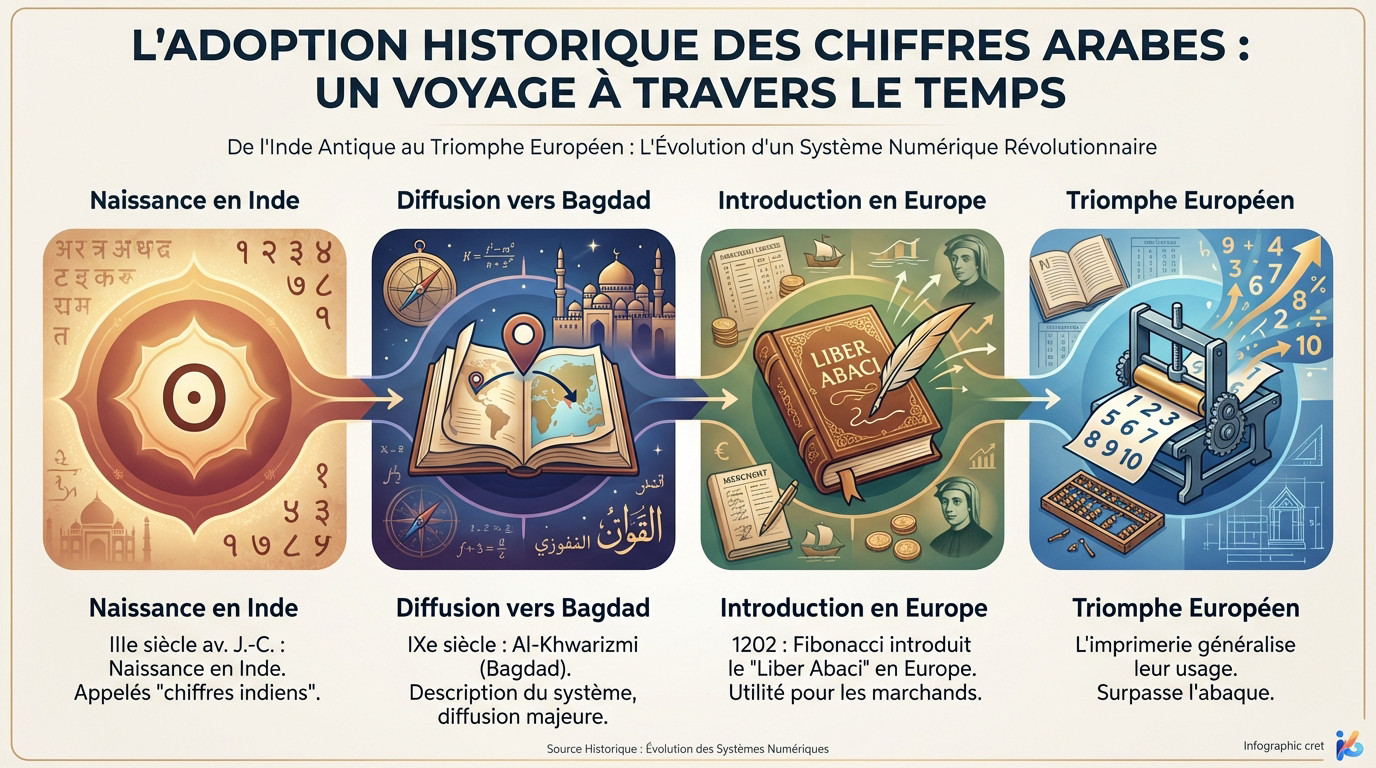 Evolution historique de l'adoption des chiffres arabes et leur voyage de l'Inde vers l'Occident