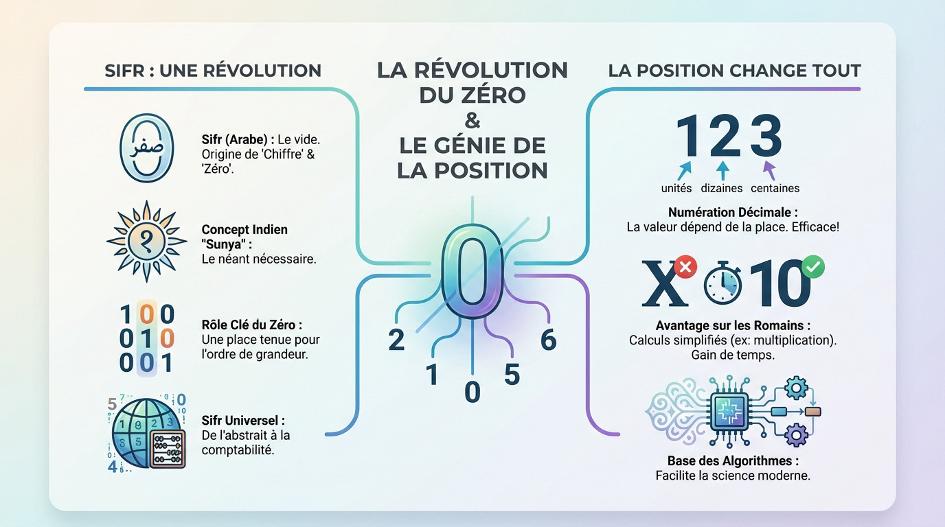 Représentation historique de l'invention du zéro et du système de position