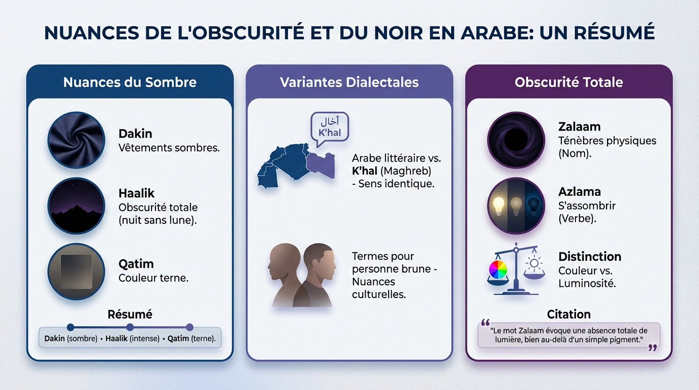 Nuancier des termes arabes pour le noir et l'obscurité : Dakin, Haalik et Zalaam