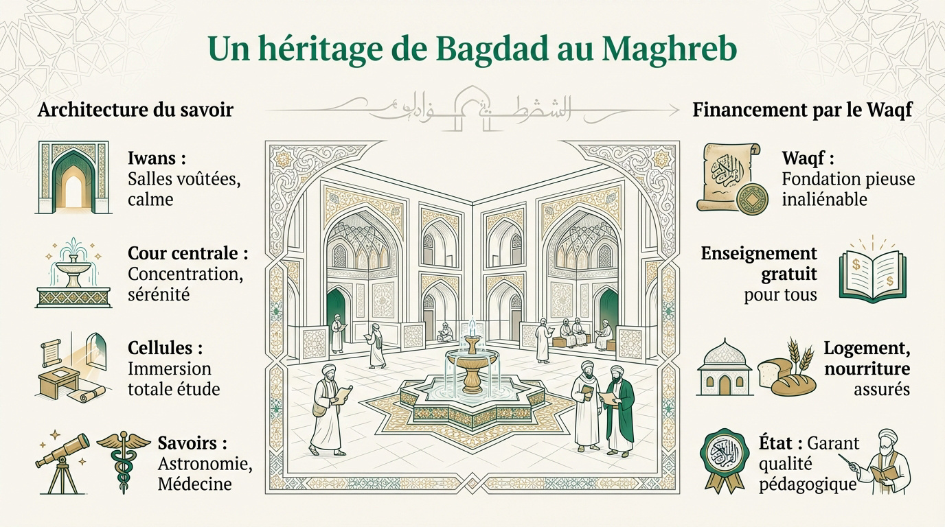 Architecture d'une école coranique traditionnelle avec ses iwans et sa cour centrale